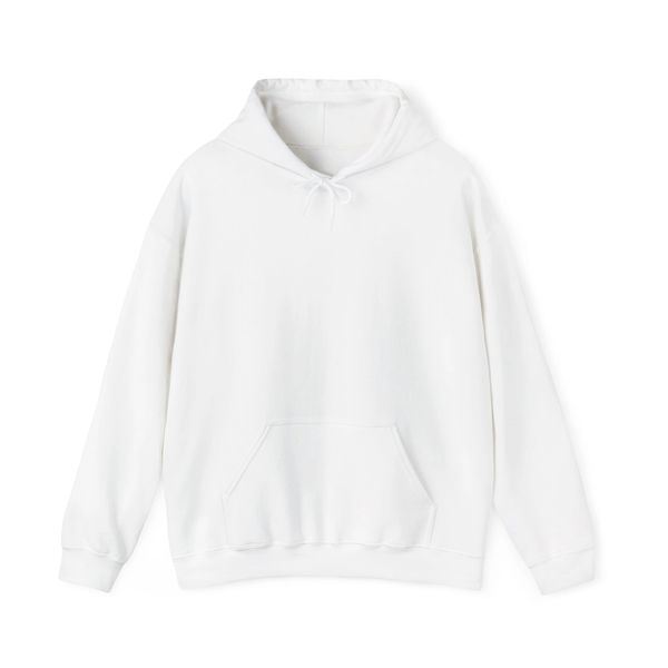Plain white hooded sweatshirt with front pocket and drawstrings.
