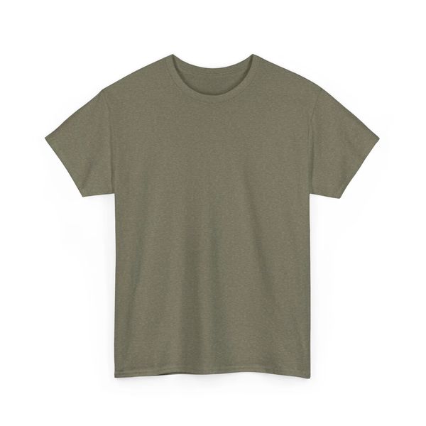 Plain olive green t-shirt with short sleeves and round neckline.