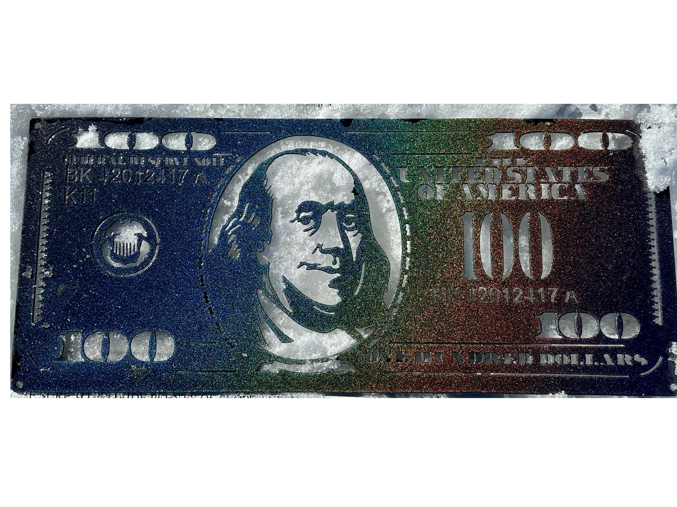 100 dollar bill cnc plasma cut from steel and powder coated color "universe"