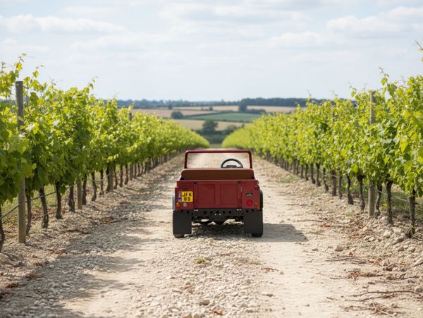 A small red vehicle driving through a vineyard on a sunny day.