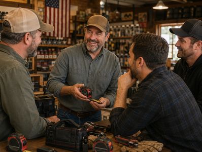Four men in casual workwear share a laugh in a rustic workshop.