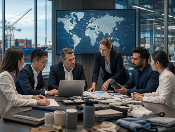 Business team discussing global strategy with world map and data on screen.
