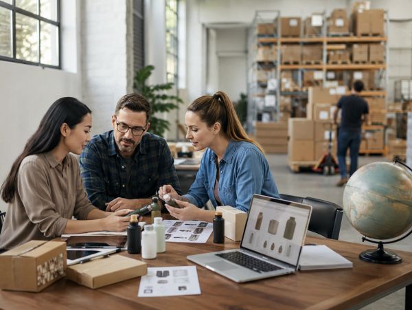 Three colleagues discussing product packaging in a warehouse office.