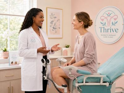 Doctor consulting a female patient in a warm, welcoming clinic room.