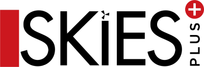 Skies Plus logo with black text and a red plus symbol.
