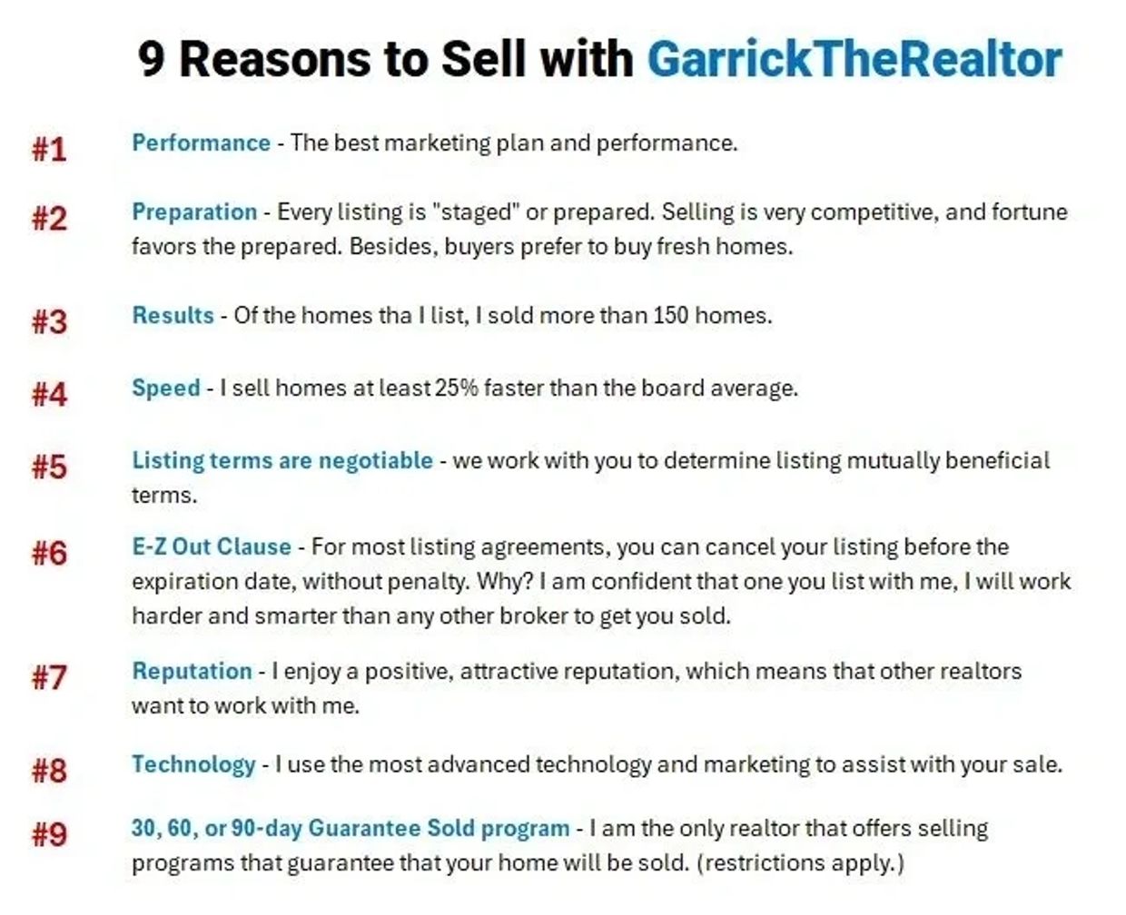 Nine reasons to sell with GarrickTheRealtor, highlighting performance, preparation, results, speed, negotiable terms, cancellation options, reputation, technology, and guarantee programs.