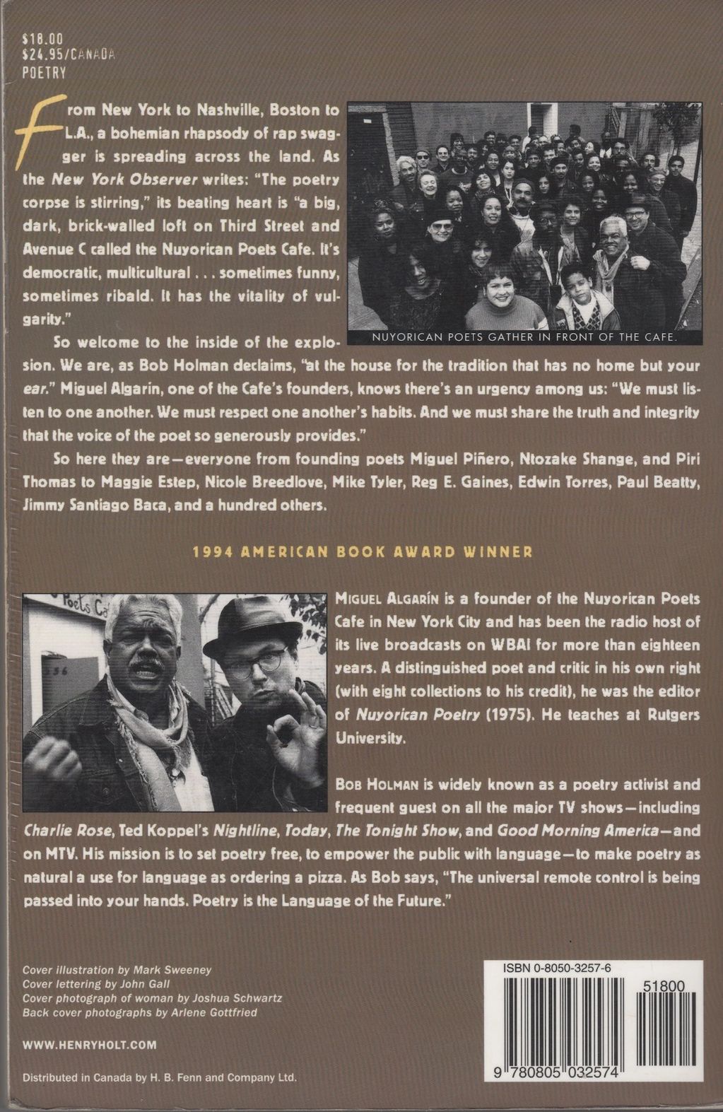 back cover: Aloud: Voices from the Nuyorican Poets Cafe, 1994, Henry Holt and Company