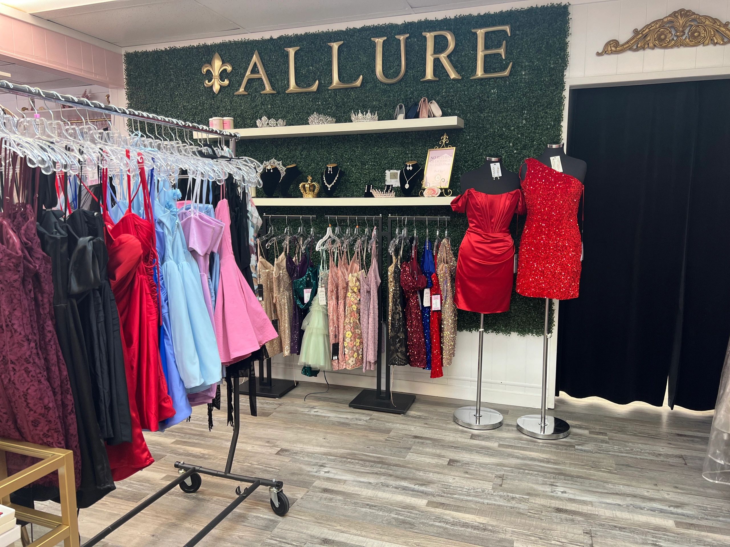 Boutique named Allure with colorful dresses and accessories.