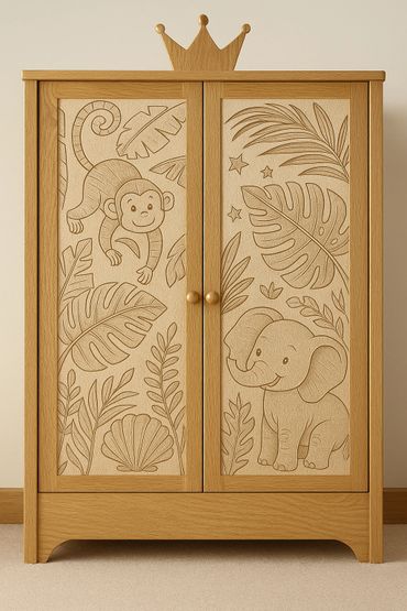 Wooden cabinet with carved jungle animals and a crown top.