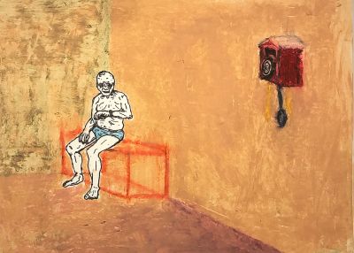 Abstract painting of a man sitting near a red box and a wall-mounted object.