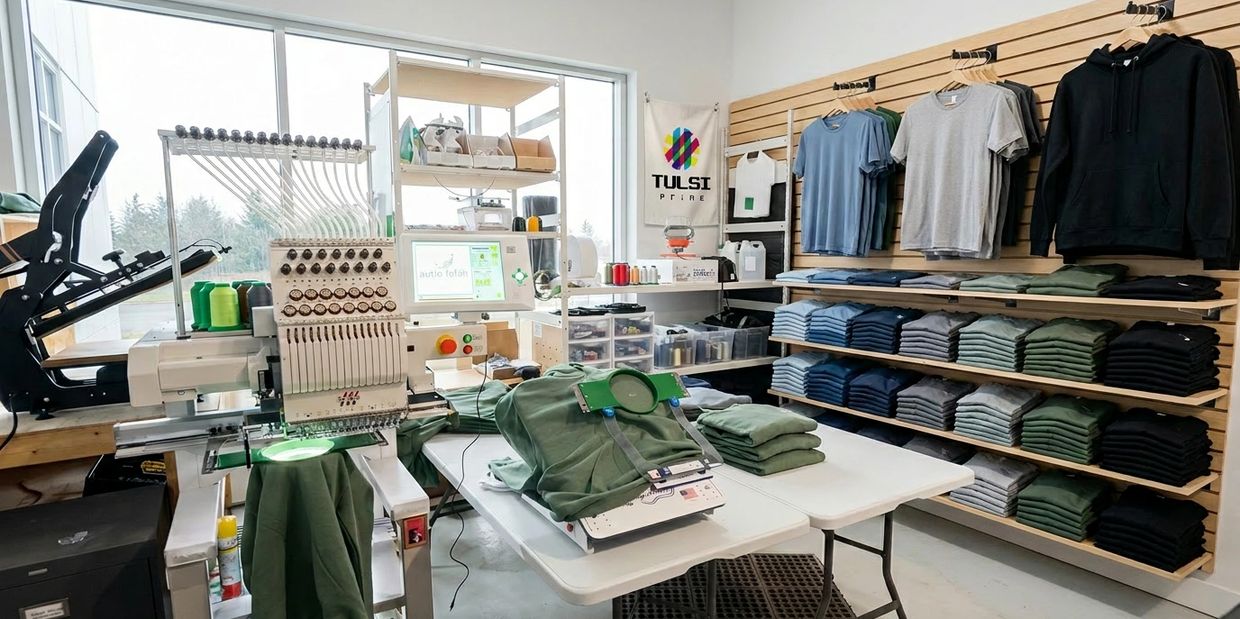 Embroidery machine in a bright workshop with neatly folded clothes and hanging shirts.