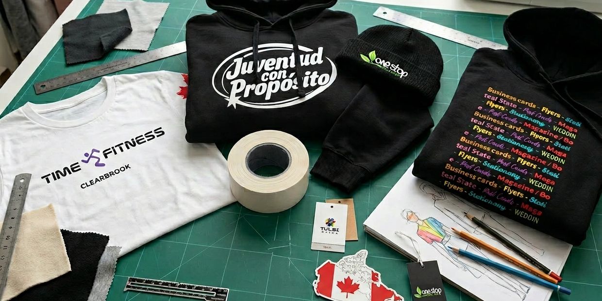 Custom printed clothing and design tools on a green cutting mat.