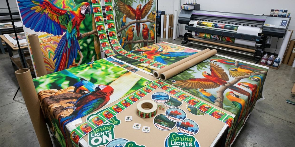 A vibrant print shop producing colorful parrot-themed prints and stickers.