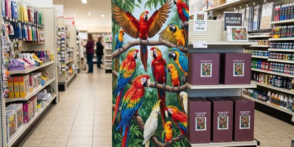 Colorful parrot diamond art kit display in an art supply store aisle.