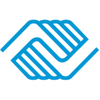 Blue hands forming a handshake logo symbol.