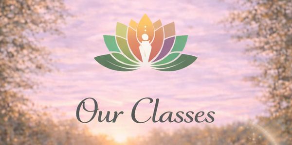 Serene lake at sunset with a lotus and meditation figure logo and text 'Our Classes'.