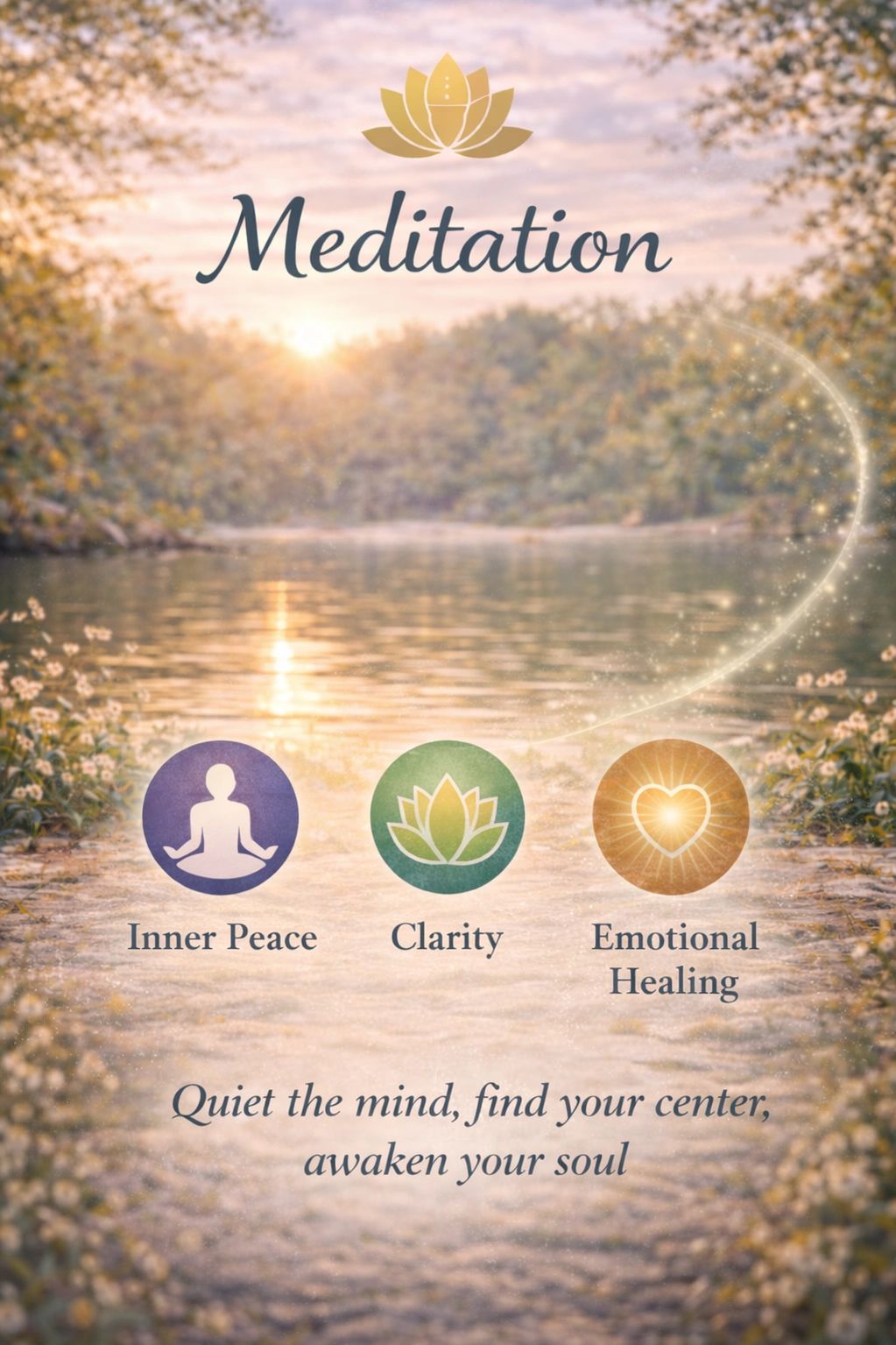Meditation promotes inner peace, clarity, and emotional healing by quieting the mind and awakening the soul.