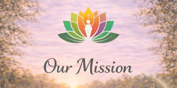 Serene sunrise over a calm lake with a colorful lotus and 'Our Mission' text.