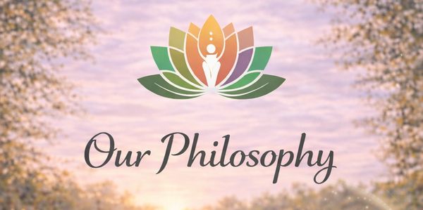 Sunset over a calm river with lotus logo and 'Our Philosophy' text.
