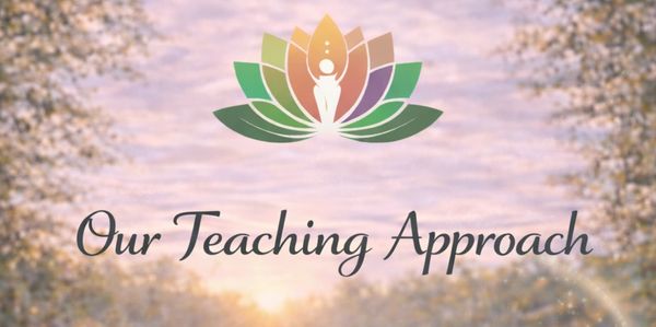 Serene sunset with a lotus logo and 'Our Teaching Approach' text.