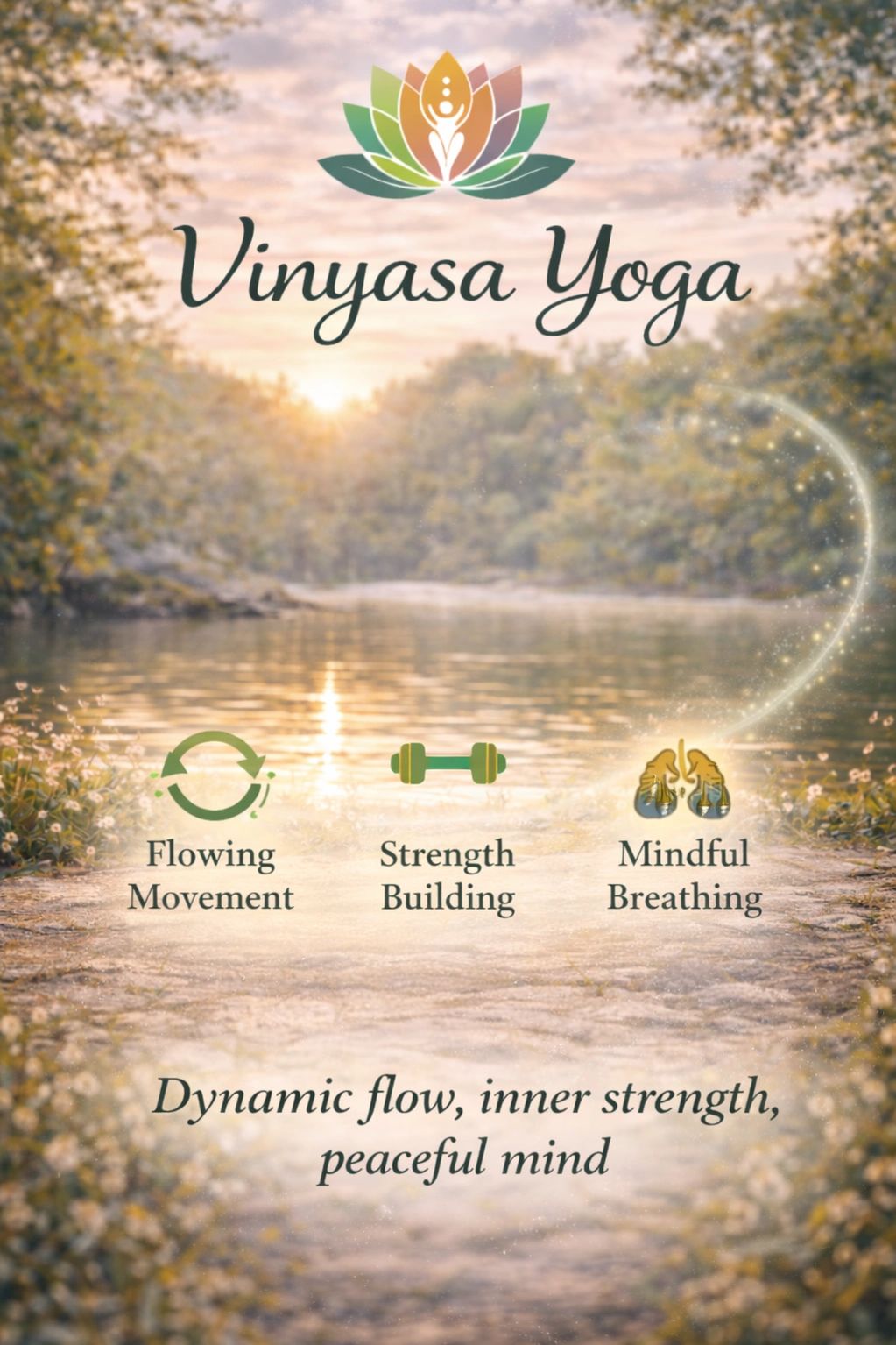 Serene Vinyasa Yoga promoting flow, strength, and mindfulness by a river.