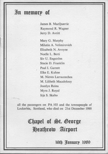 In Memorium Pan Am Boeing 747 PA103