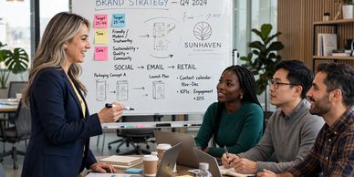 Businesswoman presenting brand strategy at a whiteboard to colleagues in a meeting.
