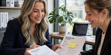 Two women reviewing business documents together in an office.