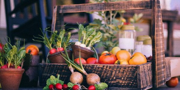 Bright-coloured-vegetables-on-a-table-in-a-basket-with-plants-surrounding-them