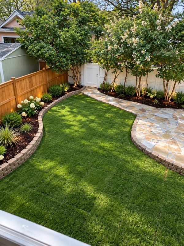 A well-maintained backyard with green grass and stone path.