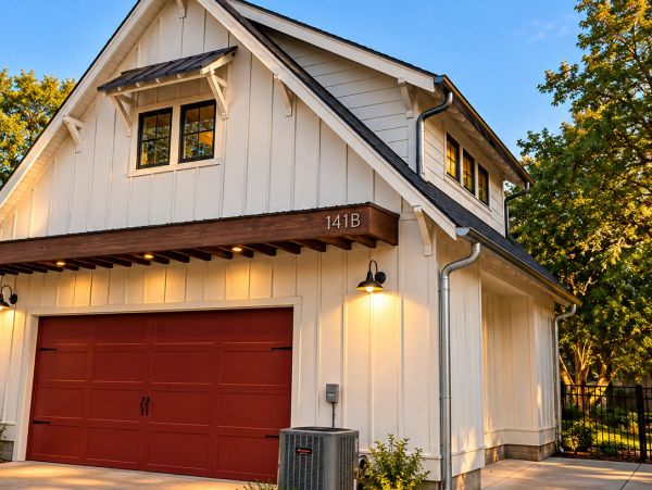 Modern house with white siding and red garage door.