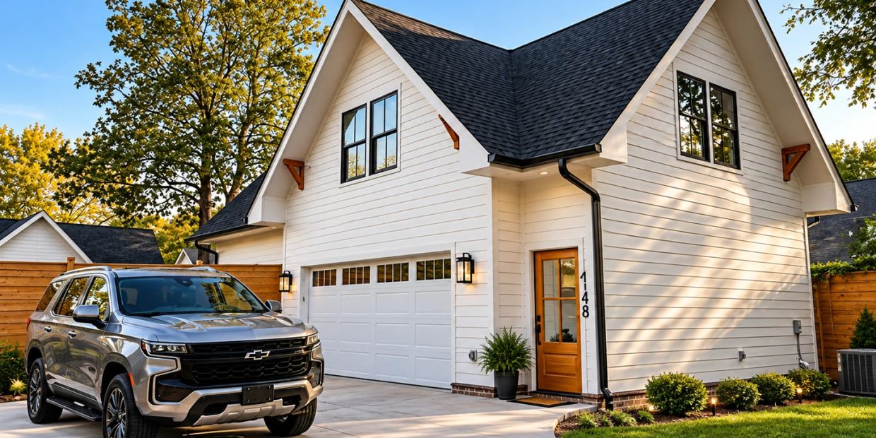 Modern suburban home with a gray SUV parked outside.