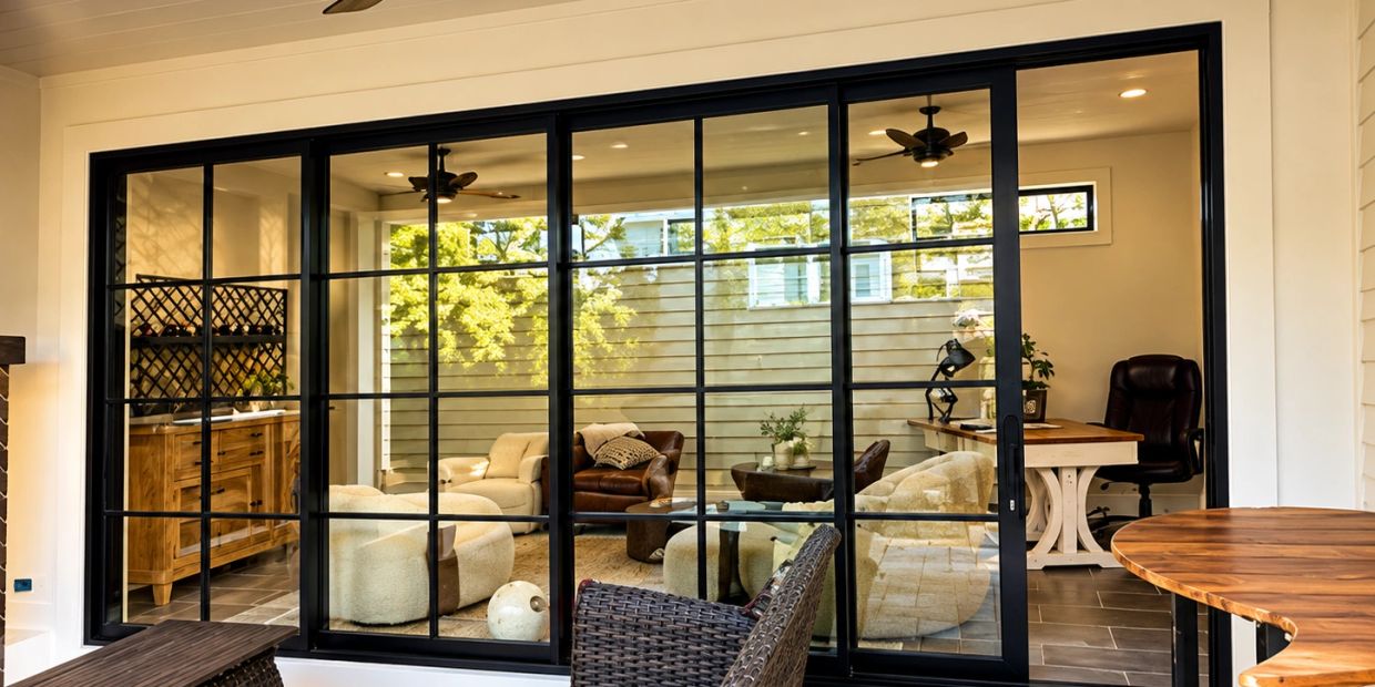 Modern living room with glass sliding doors and cozy seating.