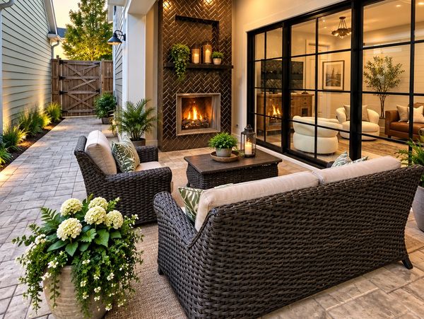 Cozy outdoor seating area with fireplace and greenery.
