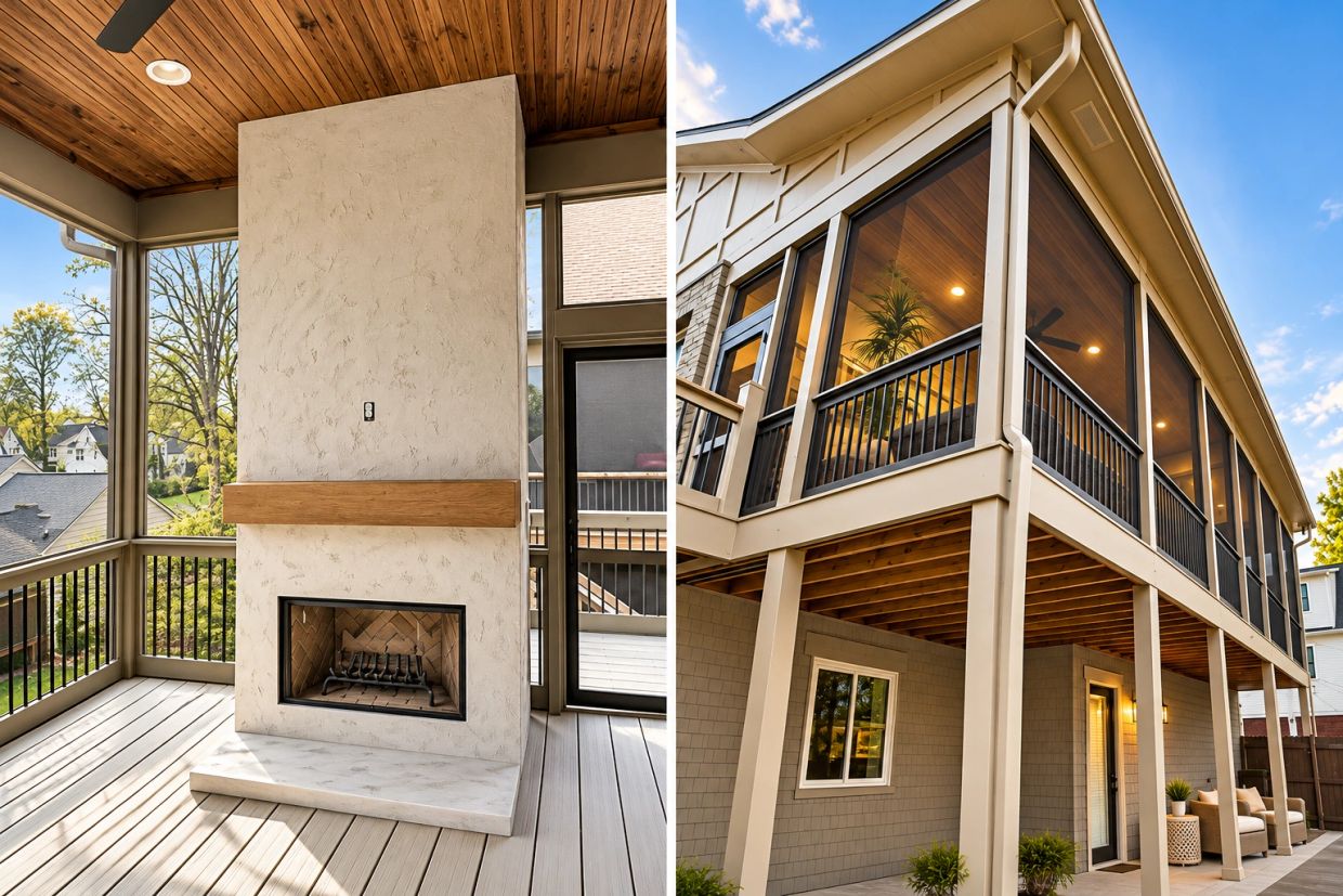 Modern screened porch with fireplace and outdoor seating.