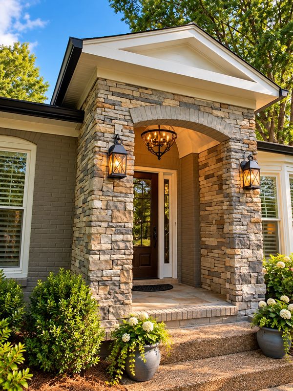 Stone porch entrance with warm lighting and plants.