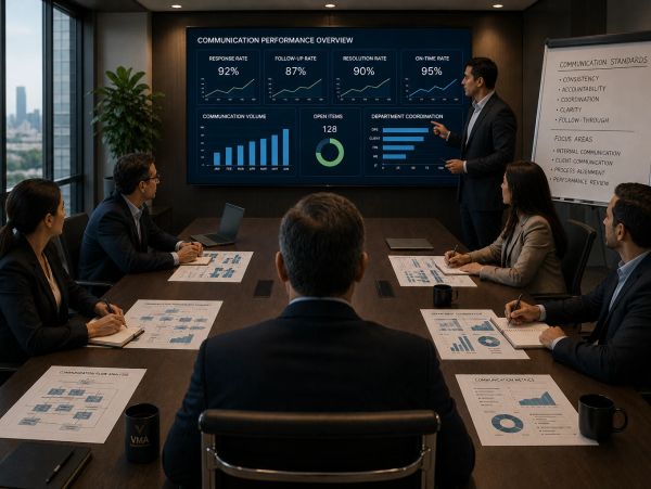 Business team in a meeting reviewing communication performance metrics on a screen.