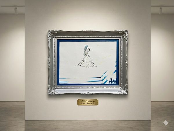 Abstract painting of a Princess in a white dress playing a violin, framed elegantly in a gallery.