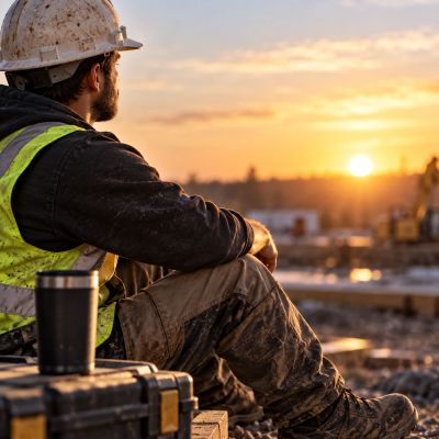 Construction worker reflecting and recharging after a demanding workday