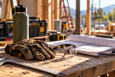 Construction workbench with gloves, safety glasses, water bottle and building plans.
