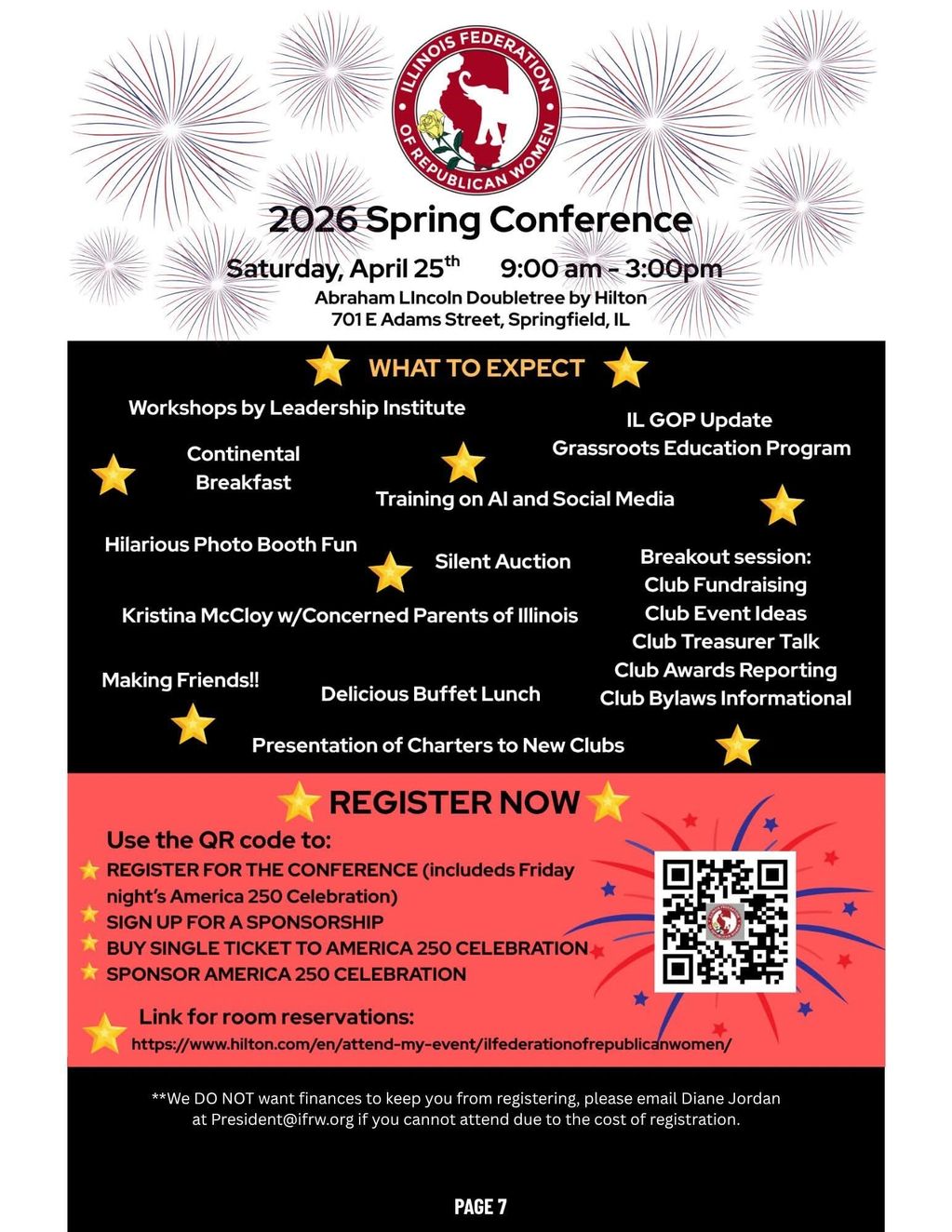 Flyer for the 2026 Illinois Federation of Republican Women Spring Conference with event details and registration QR code.