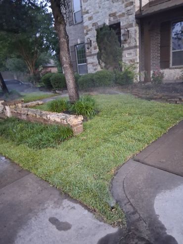Sprinklers watering a green lawn in front of a stone house with shrubs and trees.