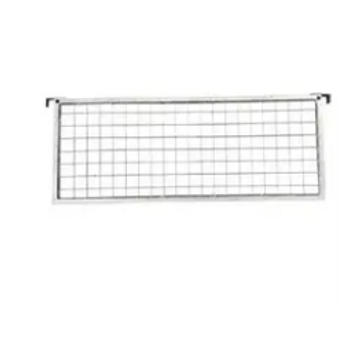 Rectangular metal grid panel with hooks on top corners.