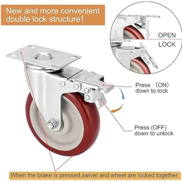 Caster wheel with a double lock structure for secure locking and unlocking.