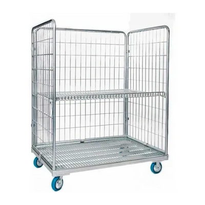 Metal cage trolley with wheels and a shelf inside.
