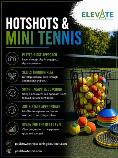Promo for Hotshots & Mini Tennis coaching program with player-focused benefits.