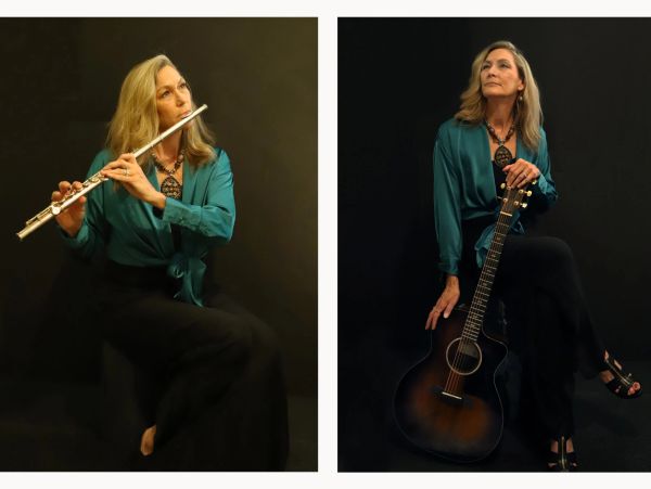 Woman playing flute and posing with guitar.
