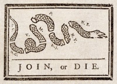 Segmented snake with colonial abbreviations and text Join, or Die.