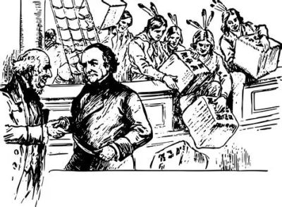 Illustration of a treaty signing between settlers and Native Americans.