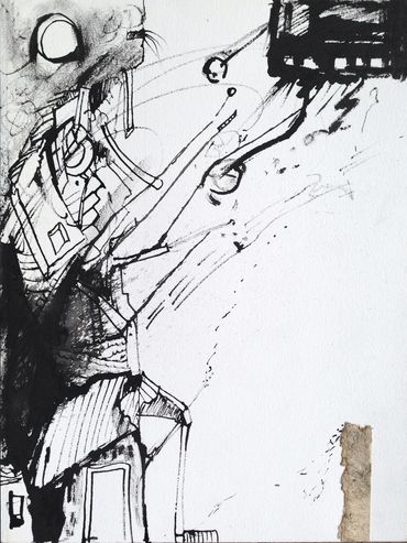 Marilyn Hill, Sumi Ink Drawing with sticks, collage